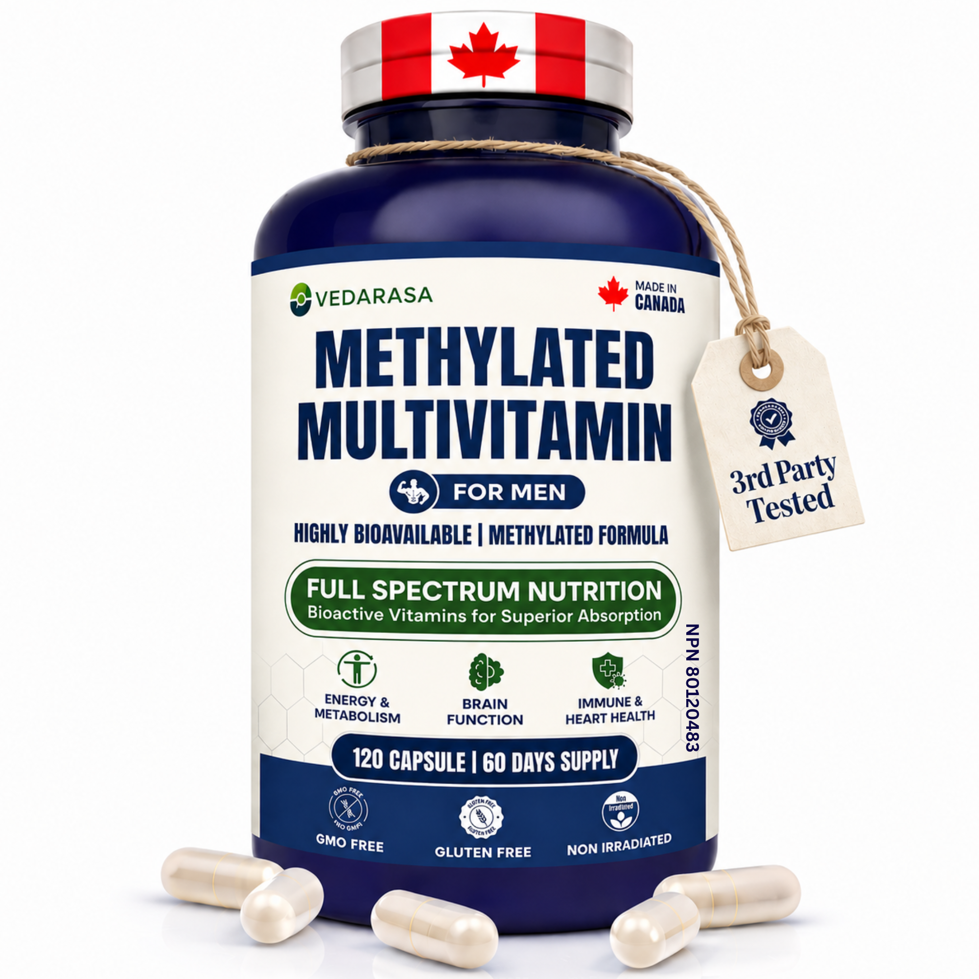 VEDARASA Methylated Multivitamin for Men – High Absorption Bioavailable Vitamins with B12 (Methylcobalamin) & Folate (5-MTHF) – Energy, Immune Support & Daily Vitality – 120 Capsules
