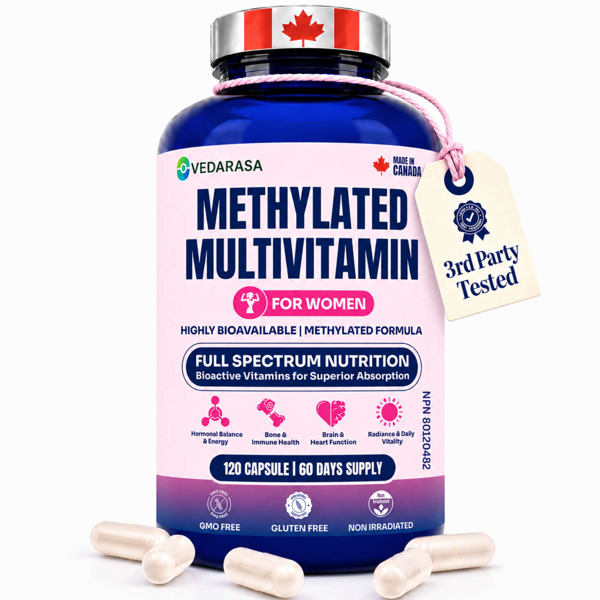 VEDARASA Methylated Multivitamin for Women – High Absorption Daily Women’s Vitamins with Iron, B12 (Methylcobalamin), Folate (5-MTHF), Biotin, Magnesium & Zinc – Energy, Hair, Skin, Hormone & Immune Support - 120 Capsules