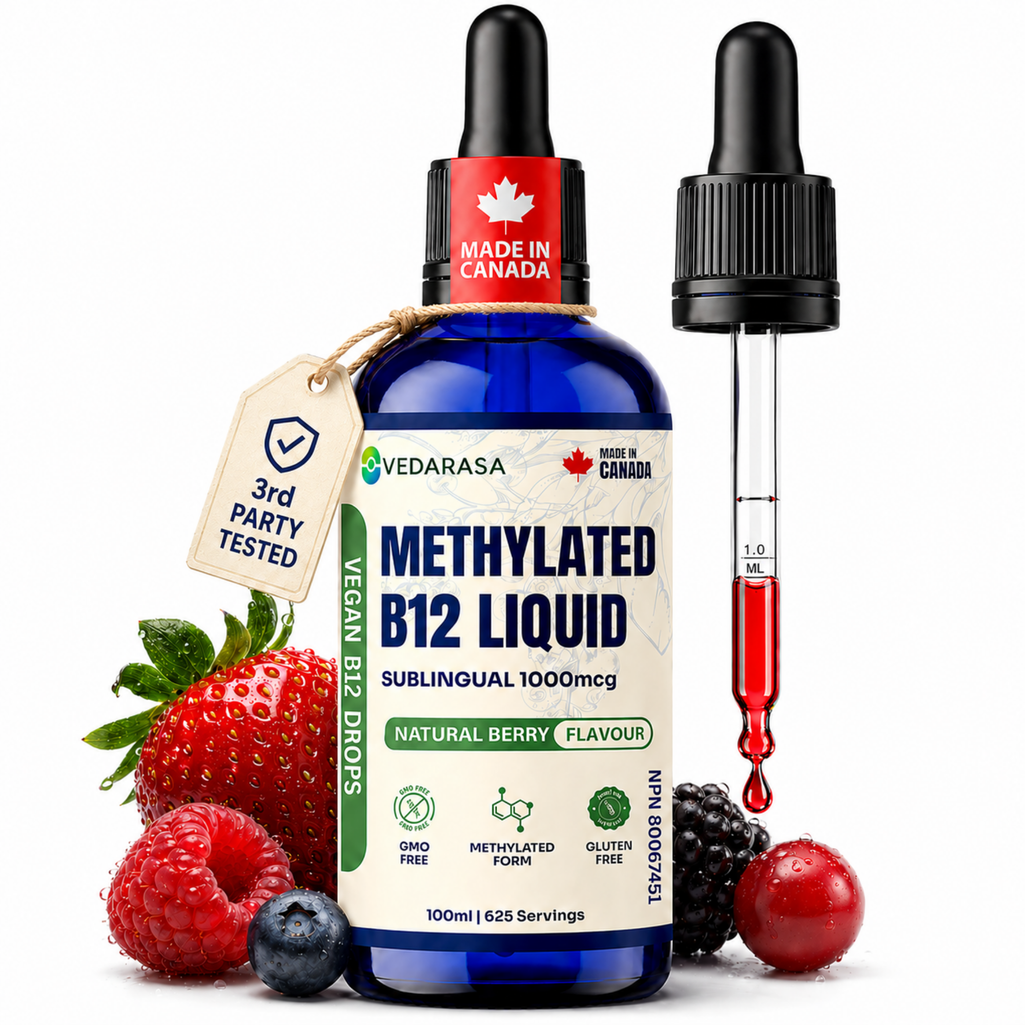 VEDARASA Methylated Vitamin B12 Liquid Drops 1000 mcg – Sublingual B12 (Methylcobalamin) for Energy, Brain & Nerve Support – High Absorption Liquid B12 – 625 Servings, Vegan, Made in Canada